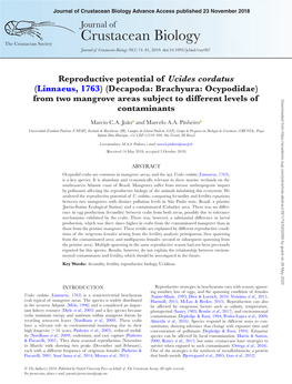 Crustacean Biology Advance Access Published 23 November 2018 Journal of Crustacean Biology the Crustacean Society Journal of Crustacean Biology 39(1) 74–81, 2019