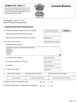 Annual Return [Pursuant to Sub-Section(1) of Section 92 of the Companies Act, 2013 and Sub-Rule (1) of Rule 11Of the Companies (Management And