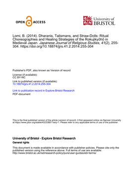 Lomi, B. (2014). Dharanis, Talismans, and Straw-Dolls: Ritual Choreographies and Healing Strategies of the Rokujikyōhō in Medieval Japan