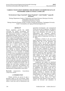 Various Vegetation Modifies the Diversity of Herpetofauna in Wonosobo Agricultural Landscape