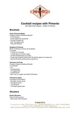 Cocktail Recipes with Pimento (And Also Food Recipes - Written in French)