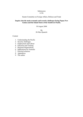 Inquiry Into the Economic and Security Challenges Facing Papua New Guinea and the Island States of the Southwest Pacific