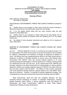 Government of India Ministry of Environment, Forest and Climate Change Lok Sabha Unstarred Question No.3595 to Be Answered on 08.08.2017