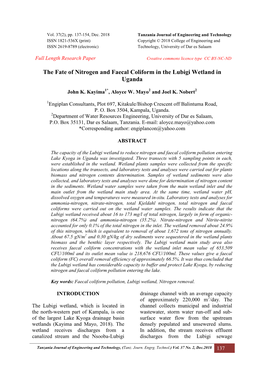 The Fate of Nitrogen and Faecal Coliform in the Lubigi Wetland in Uganda