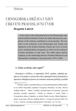 CRNOGORSKA DRŽAVA I NJEN CRKVENI PRAVOSLAVNI ČVOR Dragutin Lalović