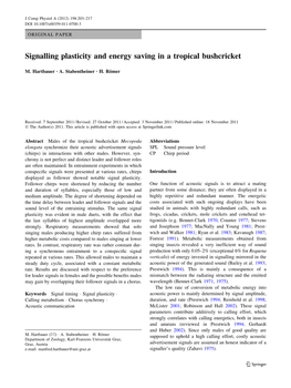 Signalling Plasticity and Energy Saving in a Tropical Bushcricket