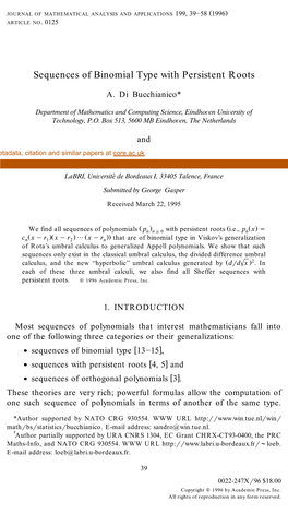 Sequences of Binomial Type with Persistent Roots