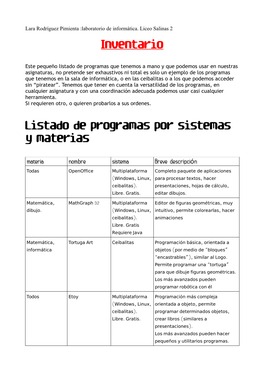 Inventario Listado De Programas Por Sistemas Y Materias