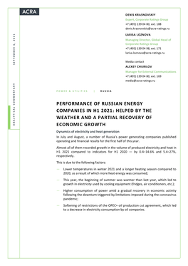 Performance of Russian Energy Companies in H1 2021: Helped by the Weather and a Partial Recovery Of