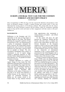 Europe and Iraq: Test Case for the Common Foreign and Security Policy -- MERIA -- June 2007 (Vol. 11, No. 2)