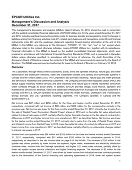 EPCOR Utilities Inc. Management's Discussion and Analysis December