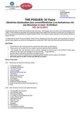 THE POGUES: 30 Years Sämtliche Studioalben Plus Unveröffentlichte Live-Aufnahmen Mit Joe Strummer in Einer 8-CD-Box! VÖ: 20.12.2013