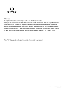 Floridanos' in Cuba History of the Evacuation of 1763, When Floridians Had to Move Away After the English Seized the Colony from Spain