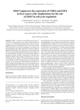 Zbtb7 Suppresses the Expression of CDK2 and E2F4 in Liver Cancer Cells: Implications for the Role of Zbtb7 in Cell Cycle Regulation