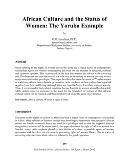 African Culture and the Status of Women: the Yoruba Example