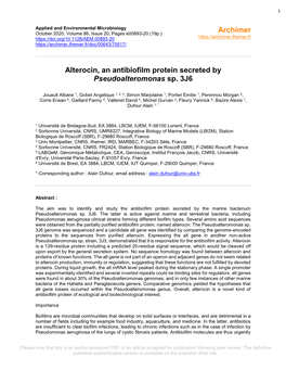 Alterocin, an Antibiofilm Protein Secreted by Pseudoalteromonas Sp