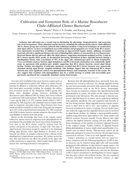 Cultivation and Ecosystem Role of a Marine Roseobacter Clade-Afﬁliated Cluster Bacteriumᰔ Xavier Mayali,* Peter J