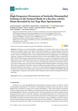 High-Frequency Occurrence of Surfactin Monomethyl Isoforms in the Ferment Broth of a Bacillus Subtilis Strain Revealed by Ion Trap Mass Spectrometry