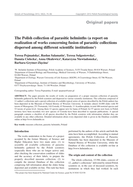 Original Papers the Polish Collection of Parasitic Helminths