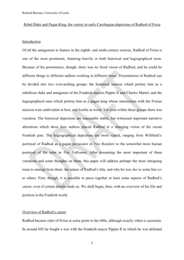 1 Rebel Duke and Pagan King: the Variety in Early Carolingian Depictions of Radbod of Frisia Introduction of All the Antagonists