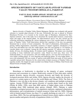 Species Diversity of Vascular Plants of Nandiar Valley Western Himalaya, Pakistan