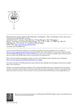 Psittacosaurus Meileyingensis (Ornithischia: Ceratopsia), a New Psittacosaur from the Lower Cretaceous of Northeastern China Author(S): Paul C