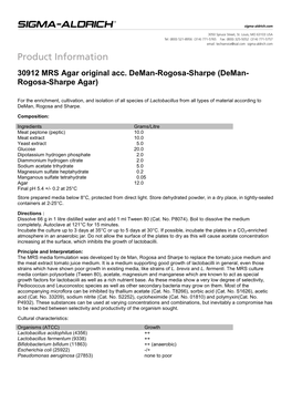 30912 MRS Agar Original Acc. Deman-Rogosa-Sharpe (Deman- Rogosa-Sharpe Agar)