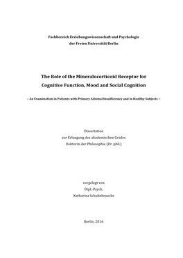 The Role of the Mineralocorticoid Receptor for Cognitive Function, Mood and Social Cognition