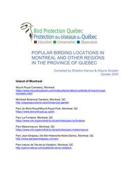 Popular Birding Locations in Montreal and Other Regions in the Province of Quebec