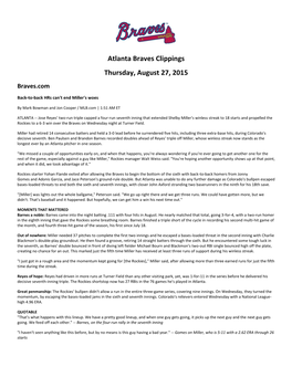 Atlanta Braves Clippings Thursday, August 27, 2015 Braves.Com