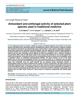 Antioxidant and Antifungal Activity of Selected Plant Species Used in Traditional Medicine