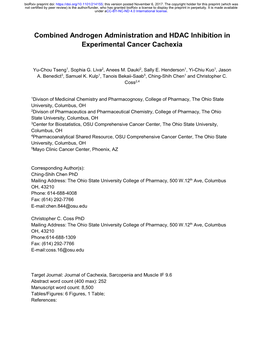 Combined Androgen Administration and HDAC Inhibition in Experimental Cancer Cachexia