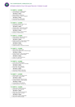 The Championships, Wimbledon 2021 Intended Order Of