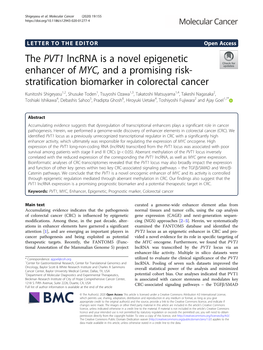 The PVT1 Lncrna Is a Novel Epigenetic Enhancer of MYC, and A