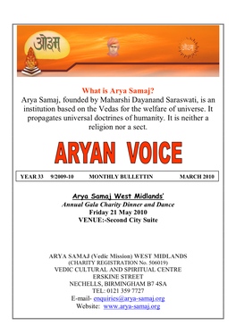 Arya Samaj, Founded by Maharshi Dayanand Saraswati, Is an Institution Based on the Vedas for the Welfare of Universe