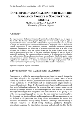 DEVELOPMENT and CHALLENGES of BAKOLORI IRRIGATION PROJECT in SOKOTO STATE, NIGERIA MOHAMMED KUTA YAHAYA University of Ibadan, Nigeria