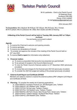 Mr N Leadbetter - Clerk to the Parish Council 18 Delamere Road Southport PR8 2RD Phone: 07912 492897 E-Mail:Tarletonpc@Googlemail.Com