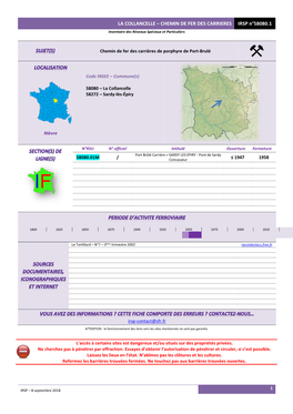 LA COLLANCELLE – CHEMIN DE FER DES CARRIERES IRSP N°58080.1 Inventaire Des Réseaux Spéciaux Et Particuliers