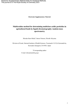 Multiresidue Method for Determining Multiclass Acidic Pesticides in Agricultural Foods by Liquid Chromatography–Tandem Mass Spectrometry