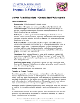 Vulvar Pain Disorders - Generalized Vulvodynia