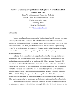 Results of a Preliminary Survey of the Bats of the Mayflower-Bocawina National Park December 10-11, 2002 Bruce W