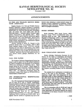 KANSAS HERPETOLOGICAL SOCIETY NEWSLETTER NO. 82 November 1990