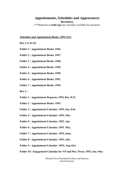 Inventory for Appointments, Schedules and Appearances Collection