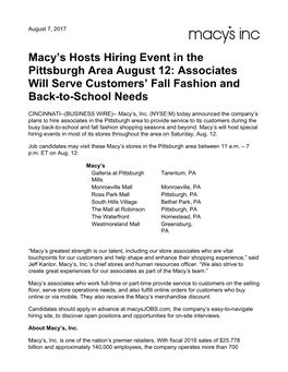 Macy's Hosts Hiring Event in the Pittsburgh Area