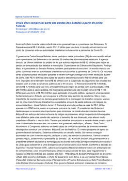 União Deve Compensar Parte Das Perdas Dos Estados a Partir De Junho Fazenda Enviado Por: Editor@Secs.Pr.Gov.Br Postado Em:21/05/2020 12:50