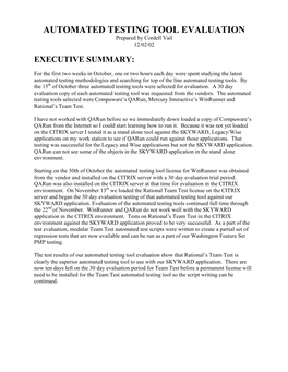 AUTOMATED TESTING TOOL EVALUATION Prepared by Cordell Vail 12/02/02