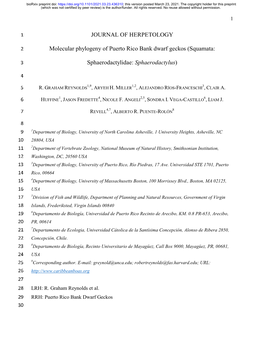 JOURNAL of HERPETOLOGY Molecular Phylogeny of Puerto Rico Bank Dwarf Geckos (Squamata: Sphaerodactylidae: Sphaerodactylus)