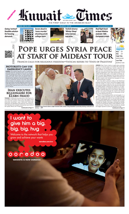 POPE URGES Syria Peace at Start of Mideast Tour