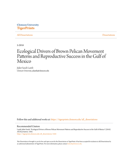 Ecological Drivers of Brown Pelican Movement Patterns and Reproductive Success in the Gulf of Mexico Juliet Sarah Lamb Clemson University, Jslamb@Clemson.Edu