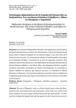 Estrategias Diplomáticas De La España Del Desarrollo En Sudamérica. Los Escritores Giménez Caballero Y Alfaro En Paraguay Y Argentina